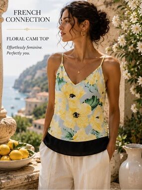 French Connection Yellow Floral Camisole M Layered Chiffon Camisole Top Resort